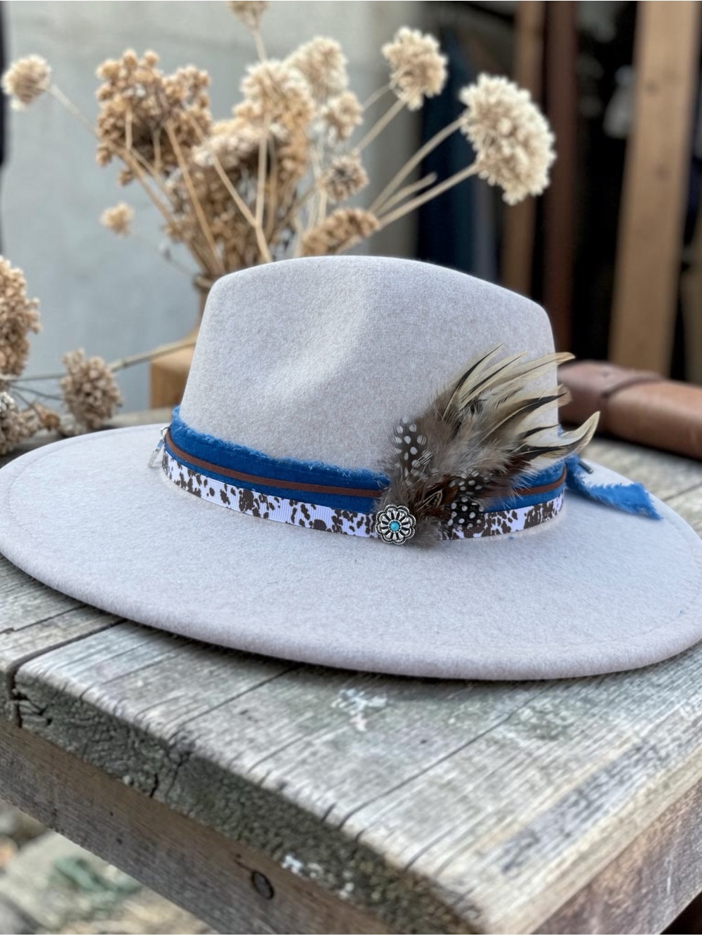 Women's Wide Brim Felt Fedora Hat with Blue Trim and Feather Accent